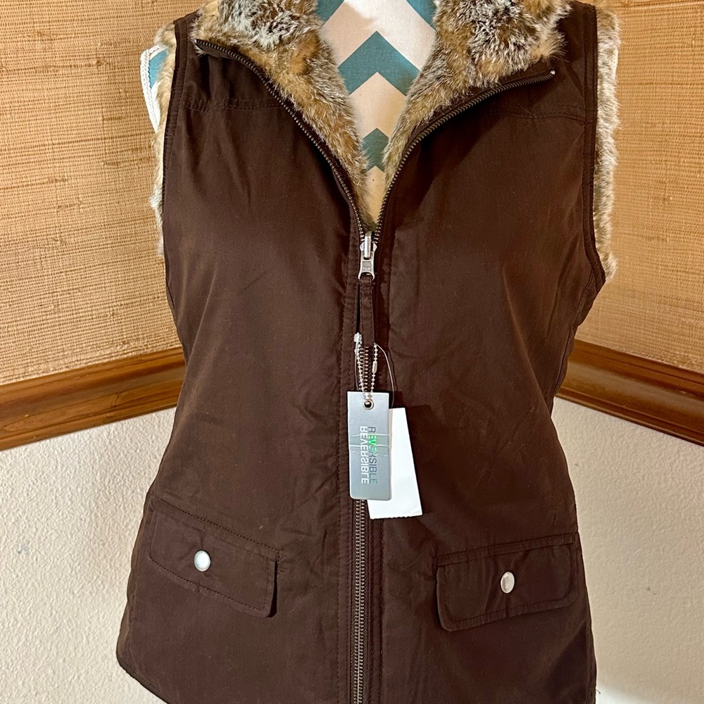 GAP Dark Brown Vest with Faux Fur Trim - Picture 2 of 7